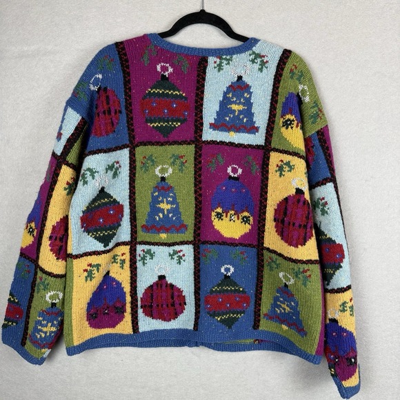 Talbots Hand Knit "Christmas Ornament" Wool Patchwork Sweater Cardigan Sz L - Picture 6 of 6